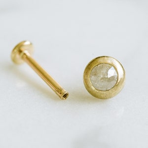 14k Real Gold Minimalist Genuine 0.1ct Gray Diamond Matt Bezel Cartilage Tragus Helix Conch Internally Threaded Flat Back Earring Labret