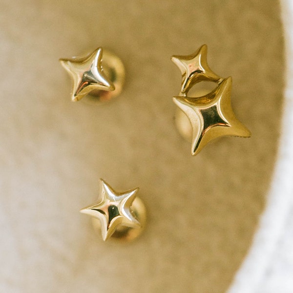 14K Solid Gold Cartilage Tragus Helix Inner Conch Nose Sunlight Star Post Flat Back Internally Threaded Labret Piercing Earring Stud Jewelry