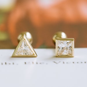 14k Real Solid Gold CZ Square Triangle Tragus Helix Inner Conch Cartilage Barbell Ball Ear Post Stud Earring Piercing For Women Girls Men