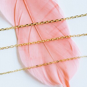 May include: Four gold chains of varying lengths lay on a pink feather against a white background.