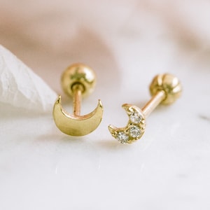 14K Real Solid Gold Jewelry 20g Cartilage Daith Tragus Cz Sideways Half Full Blue Crescent Sailor Luna Moon Star Ear Studs Piercing Earring