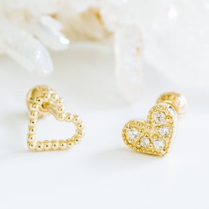 14K Real Solid Gold Simulated Diamond Cz Dot Pixel Line Cute Heart Cartilage Tragus Conch Ear Post Stud Earring Piercing For Women  Jewelry