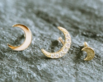 14K Real Solid Gold Jewelry 20g Cartilage Daith Tragus Cz Sideways Half Full Blue Crescent Sailor Luna Moon Star Ear Studs Piercing Earring