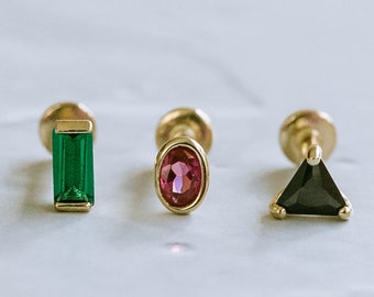 14K Gold Cartilage Helix Tragus Conch Triangle Square baguette Oval Cz Internally Internal Threaded Ear Stud Post Flat Back Earring Labret
