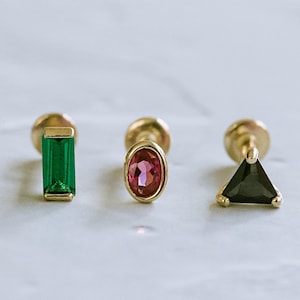 14K Gold Cartilage Helix Tragus Conch Triangle Square baguette Oval Cz Internally Internal Threaded Ear Stud Post Flat Back Earring Labret
