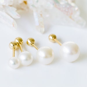 1pcs 14K Real Solid Yellow Gold Daith Cultured Fresh Water Pearl Conch Tragus Round Ball Ear Studs Post Pierced Earring Piercing For Women