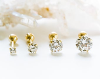 14K Solid Yellow Gold Simulated Diamond Cz Small Round Ball Tragus Helix Cartilage Conch Ear Stud Earring Piercing For Women Jewelry Wedding