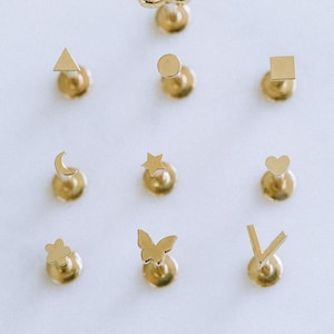 14K Solid Gold Cartilage Helix Tragus Conch Minimal Triangle Round Square Heart Internally Internal Threaded Ear Stud Post Earring Labret