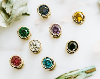 14k Gold Birthstone Cz Cartilage Tragus Forward Helix inner conch tongue nose bezel internally threaded stud round earring labret piercing