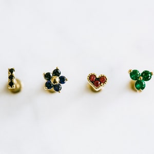 14K Solid Gold Cz Forward Anti Helix Cartilage Tragus Inner Conch Internally Internal Threaded Ear Stud Post Flat Back Earring Labret