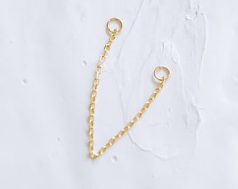 14k Real Solid Gold Helix Cartilage Inner Conch Convertible Ear Stud Post Double Connected Hoop Ring Earring Piercing Jacket Chain Jewelry