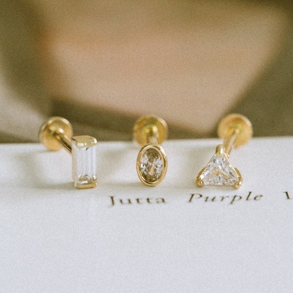 20g 18g 16g 14K guld brosk helix tragus conch triangel fyrkantig baguette oval invändigt gängad örhänge stift platt baksida örhänge labret
