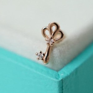 14K Gold Tragus Cartilage Conch Helix  Stud Internally threaded Lucky Key Flat Back Earring Labret Piercing For Women Girl Men 16g 18g 20g