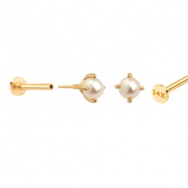 14K Real Gold 4 Prongs Fresh Water Pearl Tragus Helix Cartilage Inner Conch Internally Threaded Ear Stud Flat Back Earring Labret Piercing
