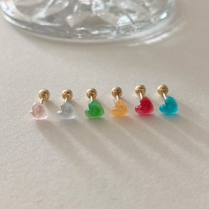 14K Real Solid Gold Color Gemstone Heart Forward Helix Cartilage Tragus Inner Conch Bold Cute Heart Ear Post Stud Earring Barbell Piercing