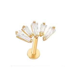 20g 18g 16g 14K Solid Gold Cartilage Tragus Helix Inner Conch Cz Tapered Baguette Post Flat Back Internally Threaded Labret Piercing Earring