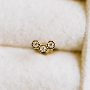 20g 18g 16g 14K Solid Gold Cartilage Tragus Helix Nose Royal Jelly Honey Comb Hexagon Flat Back Internally Threaded Labret Piercing Earring