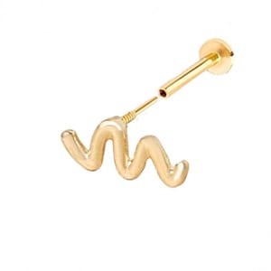 14K Solid Gold Cartilage Tragus Helix Inner Conch Zigzag Wave Post Flat Back Internally Threaded Labret Piercing Earring Stud Jewelry