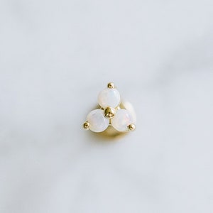 14K Solid Gold Cartilage Helix Tragus Inner Conch Triangle Trinity Natural Opal Stud Externally Threaded Flat Back Earring Labret 16g 18g