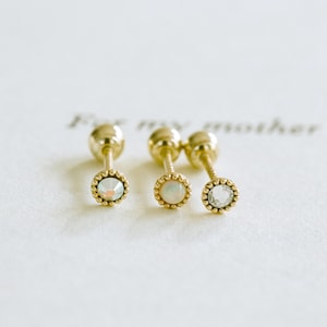 14K Real Solid Gold 925 Sterling Silver 14K Rosegold Stone CZ Opal Round Circle Tragus Cartilage Helix Post Stud Earring Piercing Jewelry
