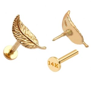 14K Solid Gold Cartilage Tragus Helix Conch Autumn Leaves Leaf Flat Back Internally Threaded Labret Piercing Earring Stud 20g 18g 16g