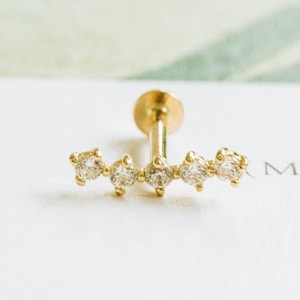 14K Gold Cartilage Helix Tragus Conch Minimalist Bar CZ, Moissanite, Lab or Genuine Diamond Internally Threaded Flat Back Earring Labret