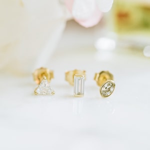 14K Gold Cartilage Helix Tragus Conch Minimalist Delicate Triangle Square baguette Oval Cz  Ear Stud Post Single Earring For Women Girls Men