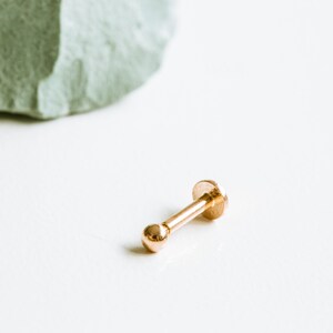May include: A gold-colored nose ring with a small ball on one end and a flat disc on the other end.