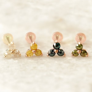 14K Solid Gold Natural Rough Diamond Cartilage Helix Tragus Inner Conch Triangle Trinity Internally Threaded Flat Back Earring Labret
