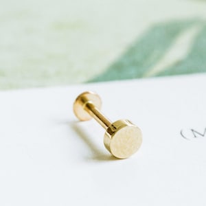 14K Solid Gold Cartilage Tragus Helix Inner Conch Round Post Flat Back Internally Threaded Labret Piercing Earring  Jewelry For Men Women