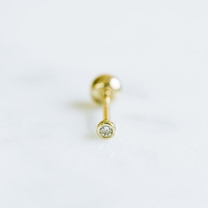 14K Solid Real Gold 1mm Cz Round Bezel Minimalist Tragus Helix Cartilage Conch Ear Post Stud Earring Barbell Piercing For Women Men Jewelry