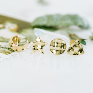 14K Solid Gold Cartilage Helix Tragus Conch Moon Star Round Triangle Internally Internal Threaded Ear Stud Post Earring Labret
