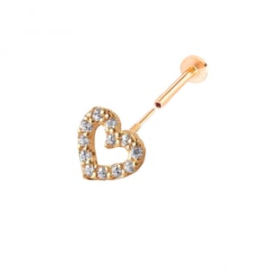 14K Solid Gold Cartilage Tragus Helix Inner Conch Cz Open Heart Post Flat Back Internally Threaded Labret Piercing Earring Stud Jewelry