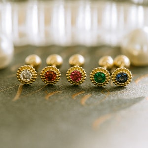 14k Real Yellow Gold Birthstone Cz Tragus Cartilage Inner Conch Forward Helix Round Ear Stud Earring Barbell Piercing For Women Jewelry