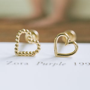 14K Solid Gold Cartilage Helix Tragus Inner Conch Heart Internally Internal Threaded Ear Stud Post Flat Back Earring Labret Jewelry