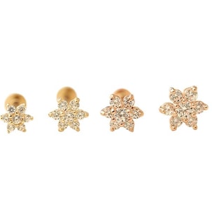 14k gold cartilage tragus forward helix conch tongue nose philtrum CZ Flower internally threaded stud post flat back earring labret piercing