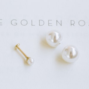 14K Gold Round Fresh Water Pearl Tragus Forward Helix Cartilage Inner Conch Internal Internally Threaded Ear Stud Earring Labret Piercing