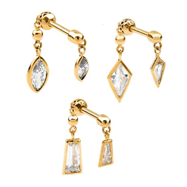 18g 14K Gold Cartilage Foward Helix Tragus Conch Cz Coffine Oval Diamond Cut Internally Threaded Ear Stud Post Flat Back Earring Labret