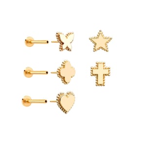 14k solid gold cartilage tragus helix lobe inner conch internally threaded ear stud post flat back earring labret piercing jewelry