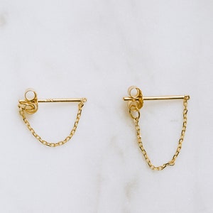 14k Real Solid Gold Cartilage Helix Minimalist Chain Drop Dangle Ear Jacket Stud Post Single Earring For Women Men White Rose Gold Jewelry