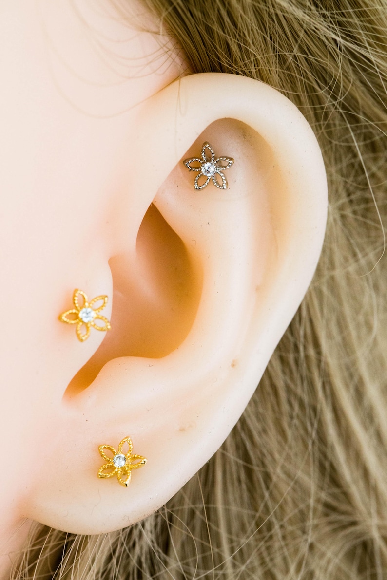 Cute Ear Self Studs Cz Cubic Zirconia Flower Earrings Piercing | Etsy