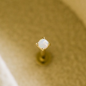 18G 14k Solid Gold Genuine Natural Opal 4 Prong Tragus Helix Conch Cartilage Nose Internally Threaded Flat Back Earring Labret Stud Piercing