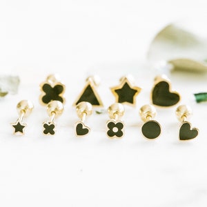 14K Real Gold Helix Cartilage Tragus Inner Conch Star Clover Heart Triangle Round Ear Post Stud Earring Barbell Piercing For Women Jewelry