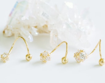14K Real Yellow Gold Simulated Diamond Cz Twist Spiral Round Ball Wire Tragus Helix Cartilage Lip Ear Piercing Earring For Women Jewelry