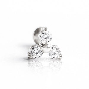 14K Gold Trinity Triangle Cartilage Helix Tragus Conch CZ, Moissanite, Lab or Genuine Diamond Internally Threaded Flat Back Earring Labret