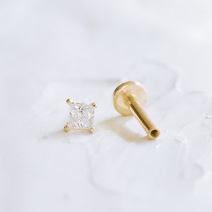 14K Real Gold Forward Helix Cartilage Diamond Shape Cz Square Tragus Inner Conch Ear Stud Post Internally Threaded Earring Labret Jewelry
