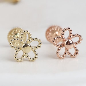 14K Gold Cartilage Forward Helix Tragus Cartilage Inner Conch Daisy Flower Externally Threaded Stud Post Flat Back Earring Piercing Labret