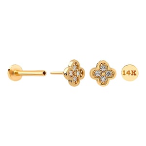 14K Solid Gold Cartilage Tragus Helix Inner Conch Cz Clover Four Leaf Flat Back Internally Threaded Labret Piercing Earring Stud 20g 18g 16g