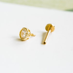 14k gold moissanite cartilage tragus forward helix inner conch tongue nose bezel internally threaded stud earring labret piercing jewelry image 3