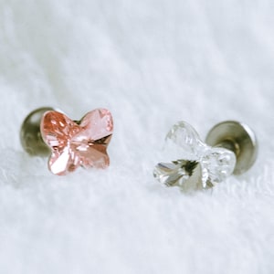 Stainless Steel 16g Cartilage Tragus Helix Crystal Butterfly Stud Pierced Internally Threaded Labret Earring Piercing